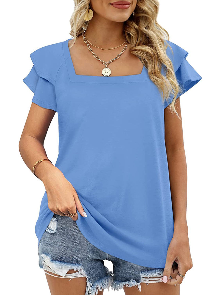 Women’s T-Shirts Solid Color Square Neck Double Layer Petal Sleeve T-Shirt