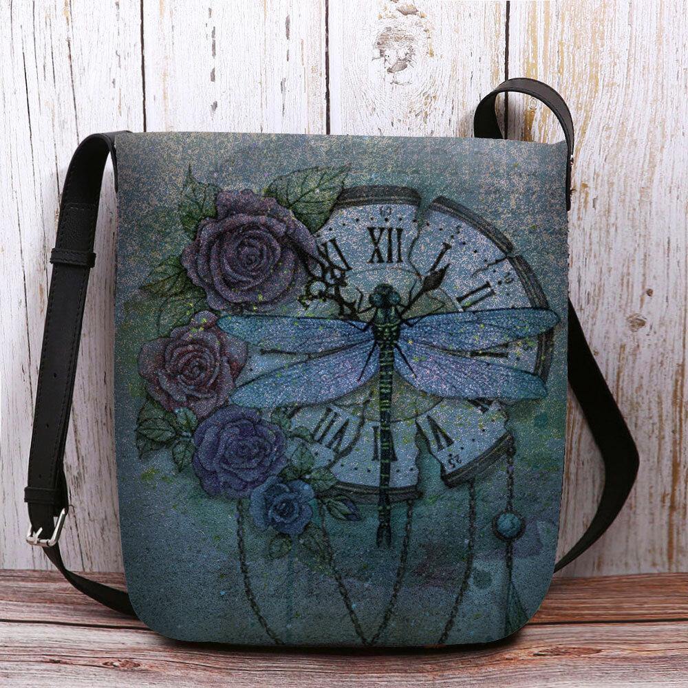 Bolso bandolera con estampado de flores de libélula 3D Vintage informal de fieltro para mujer 