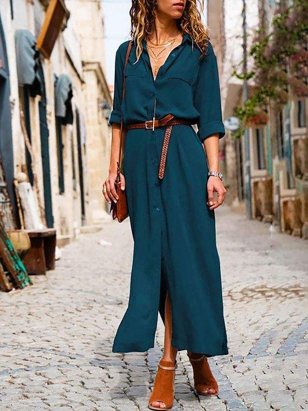 Woman Elegant Long Dress Casual 3/4 Sleeve Shawl Collar Casual Dress