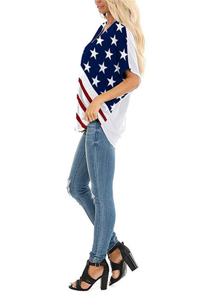 American Flag Star Print Independence Day Crew Neck Women Casual T-shirts For Women