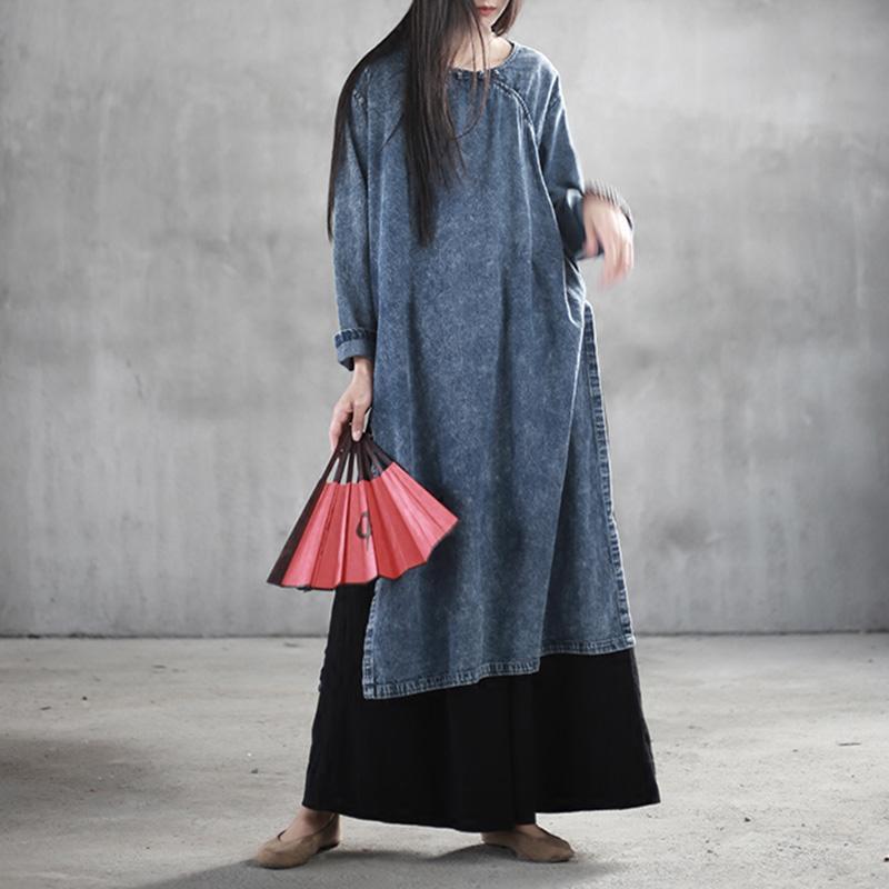 Chinese Style Denim Retro Large Size Buckle Long Sleeve Dress