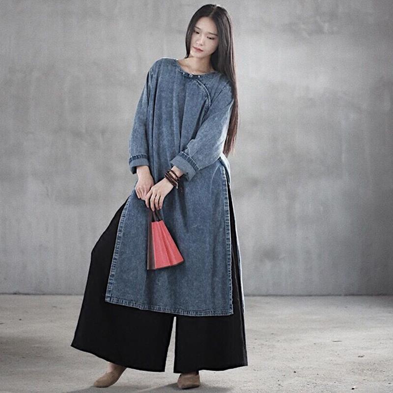 Chinese Style Denim Retro Large Size Buckle Long Sleeve Dress