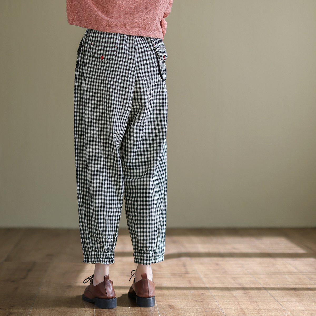 Cotton Linen Casual Plaid Harem Pants