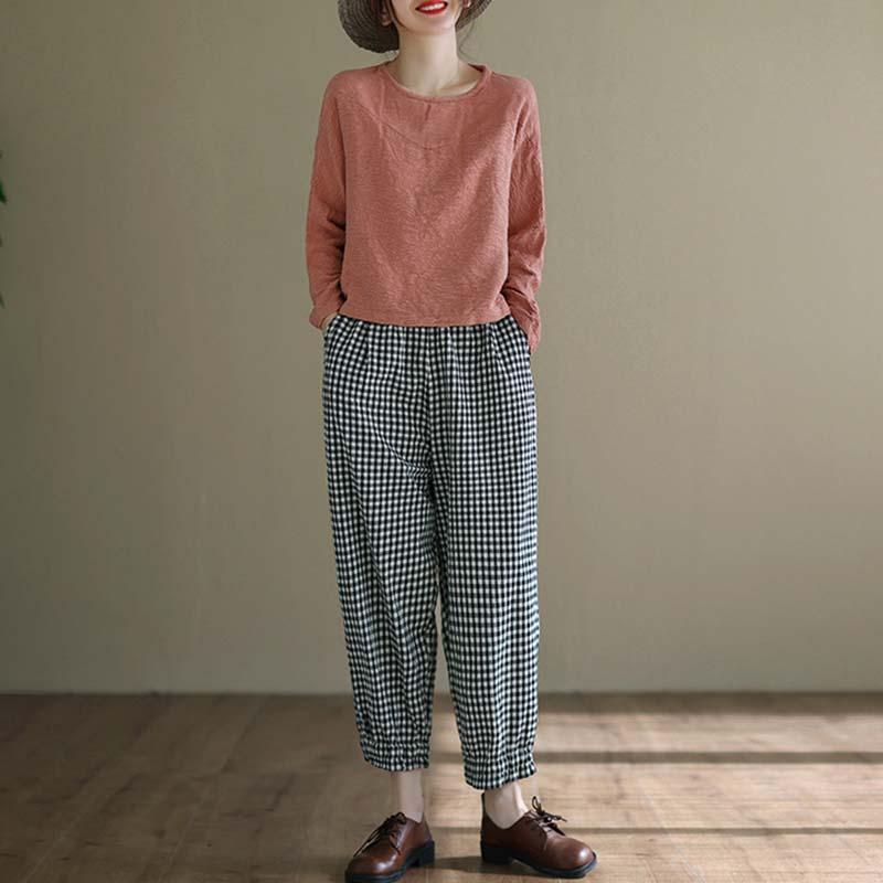 Cotton Linen Casual Plaid Harem Pants