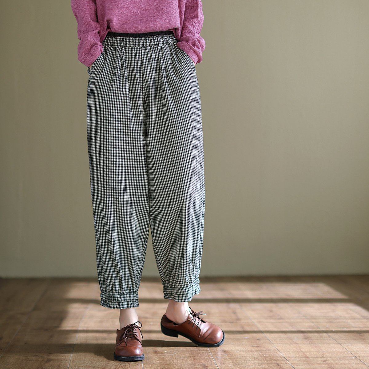 Cotton Linen Casual Plaid Harem Pants