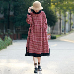 Cotton Linen Plaid Lace Paneled Plush Dress