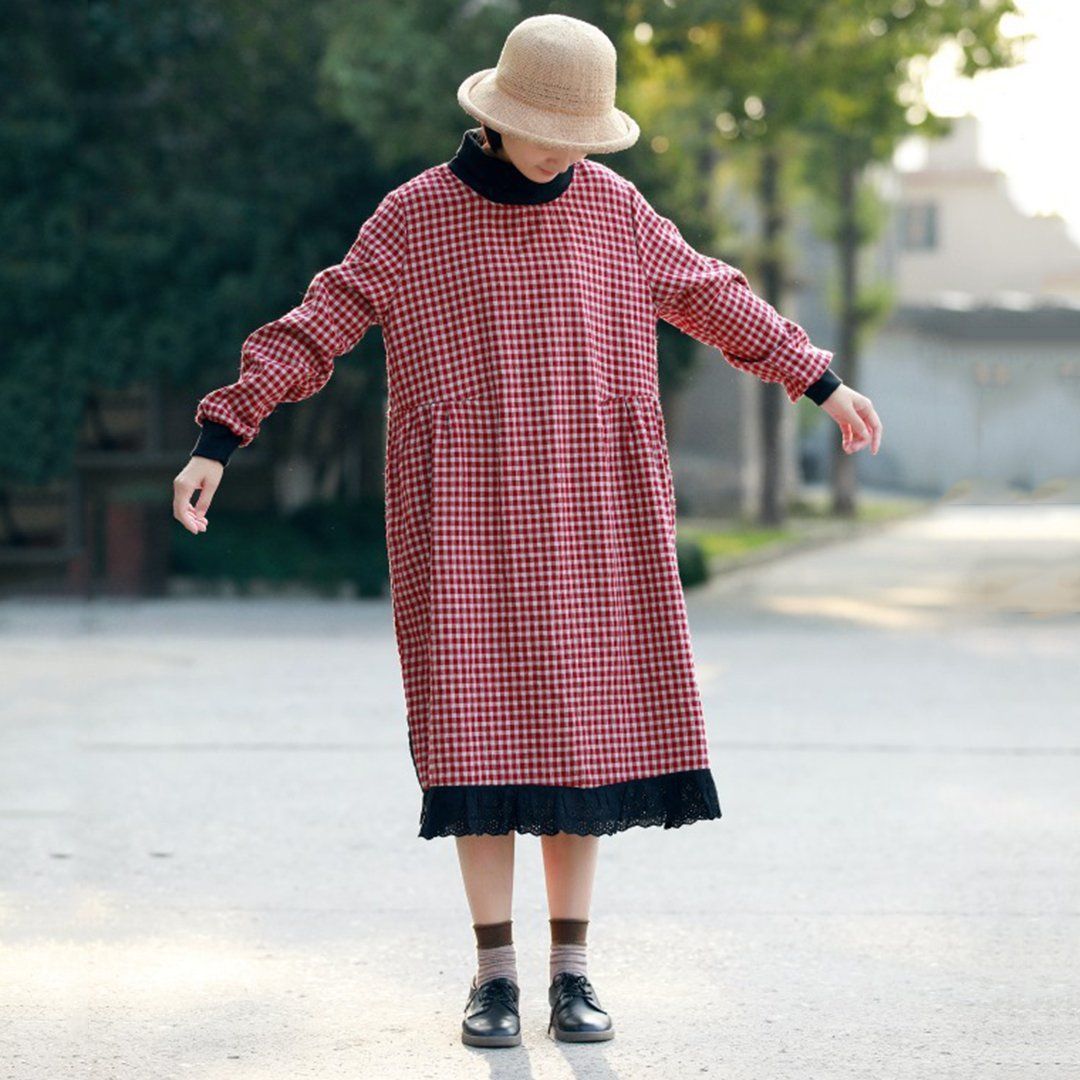 Vestido de felpa con paneles de encaje a cuadros de lino y algodón