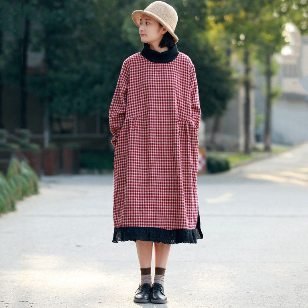 Vestido de felpa con paneles de encaje a cuadros de lino y algodón