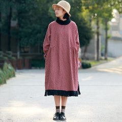 Cotton Linen Plaid Lace Paneled Plush Dress