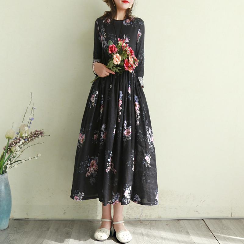 Cotton Linen Retro Print Floral Long Sleeve Dress