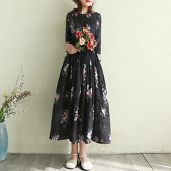 Cotton Linen Retro Print Floral Long Sleeve Dress