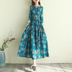 Cotton Linen Retro Print Floral Long Sleeve Dress