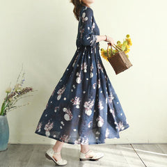 Cotton Linen Retro Print Floral Long Sleeve Dress