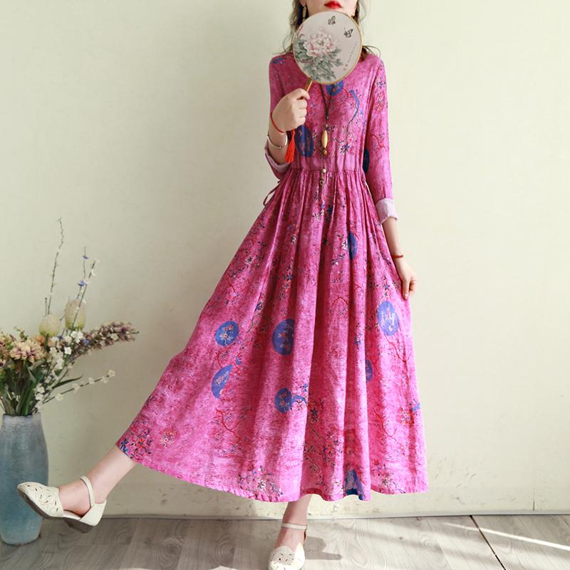 Cotton Linen Retro Print Floral Long Sleeve Dress