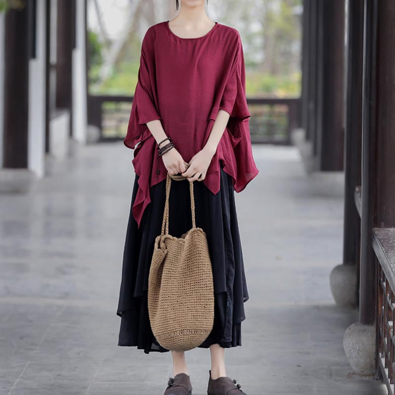 Cotton Linen Summer Solid Patchwork Casual Skirt