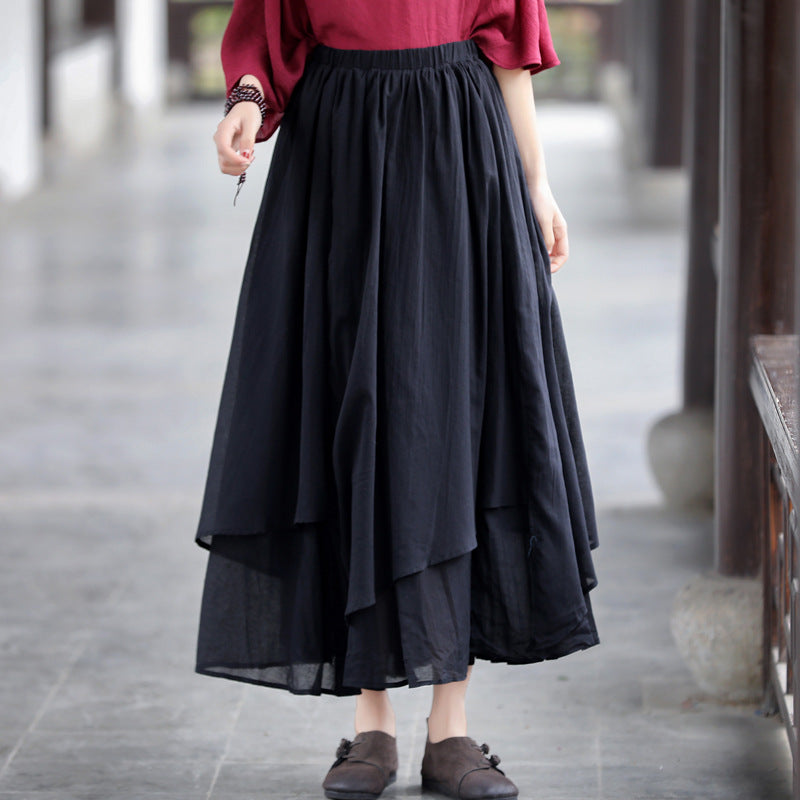 Cotton Linen Summer Solid Patchwork Casual Skirt