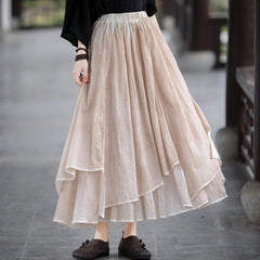 Cotton Linen Summer Solid Patchwork Casual Skirt