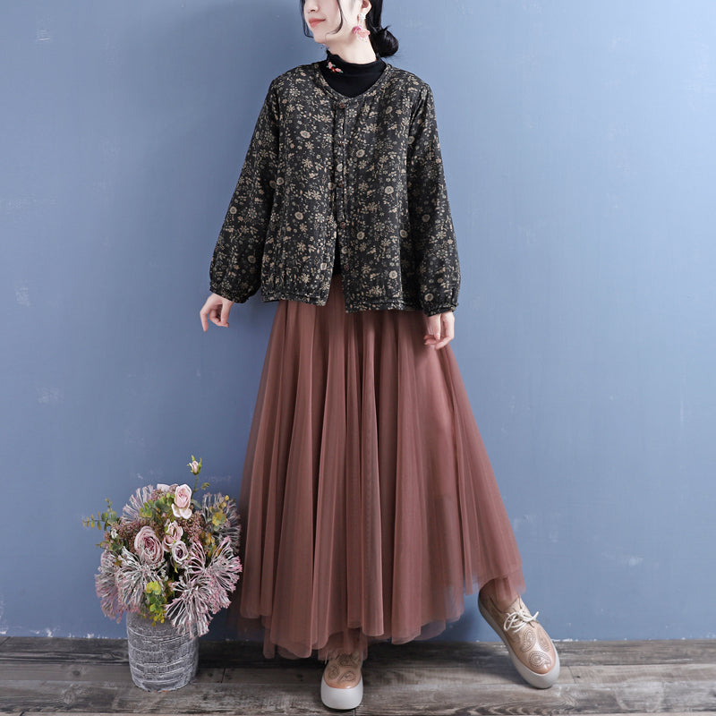 Cotton Linen Winter Retro Floral Printed Coat