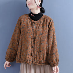 Cotton Linen Winter Retro Floral Printed Coat