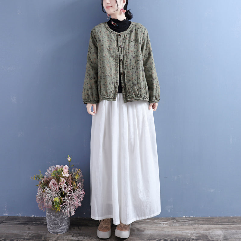 Cotton Linen Winter Retro Floral Printed Coat