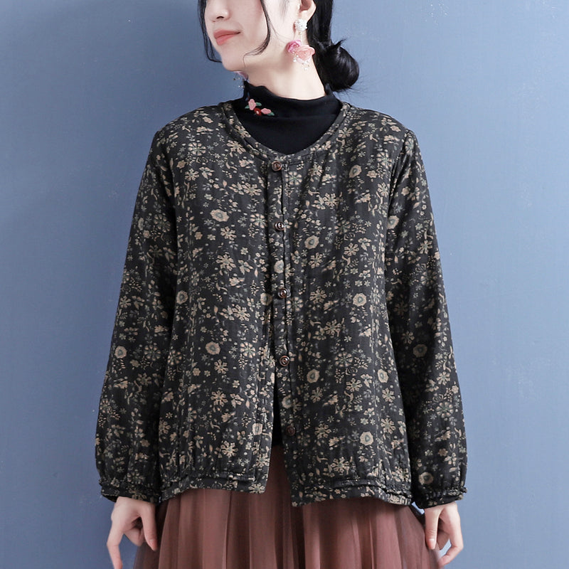 Cotton Linen Winter Retro Floral Printed Coat