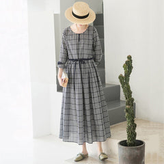 Crew Neck Plaid Drawstring Long Sleeve Dress