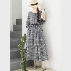 Crew Neck Plaid Drawstring Long Sleeve Dress