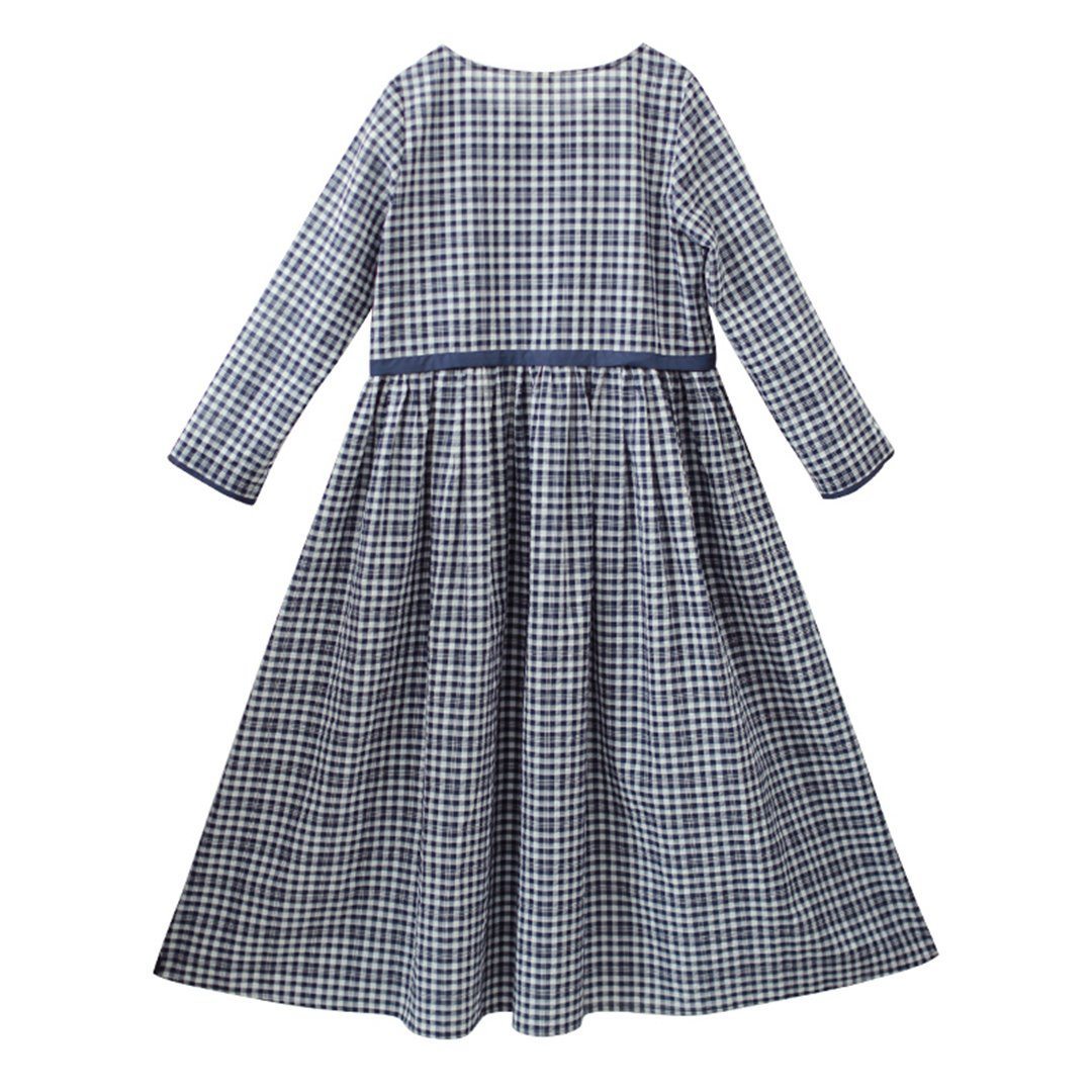 Crew Neck Plaid Drawstring Long Sleeve Dress