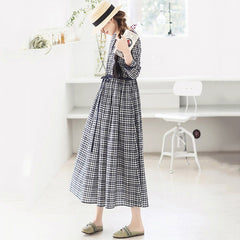 Crew Neck Plaid Drawstring Long Sleeve Dress