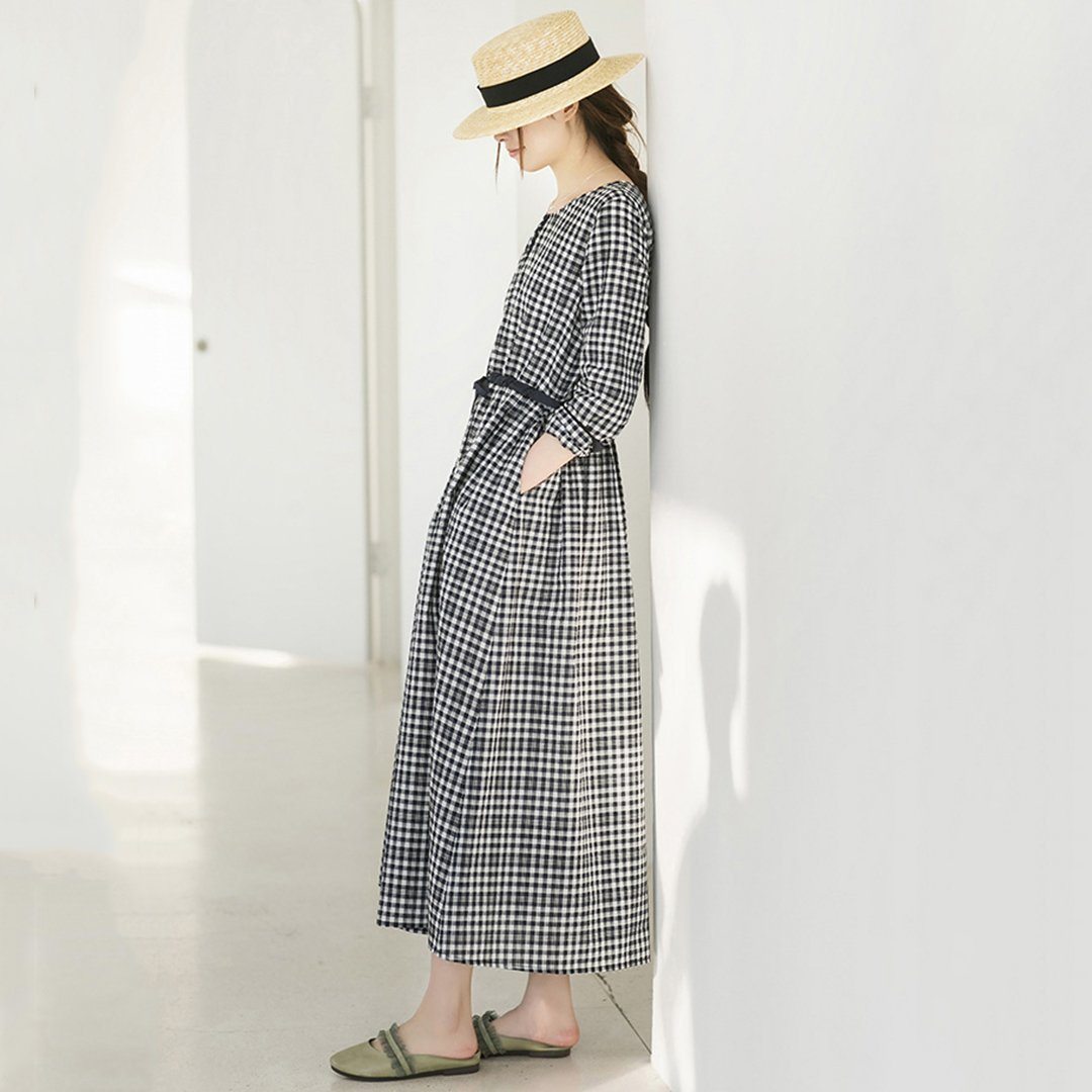 Crew Neck Plaid Drawstring Long Sleeve Dress