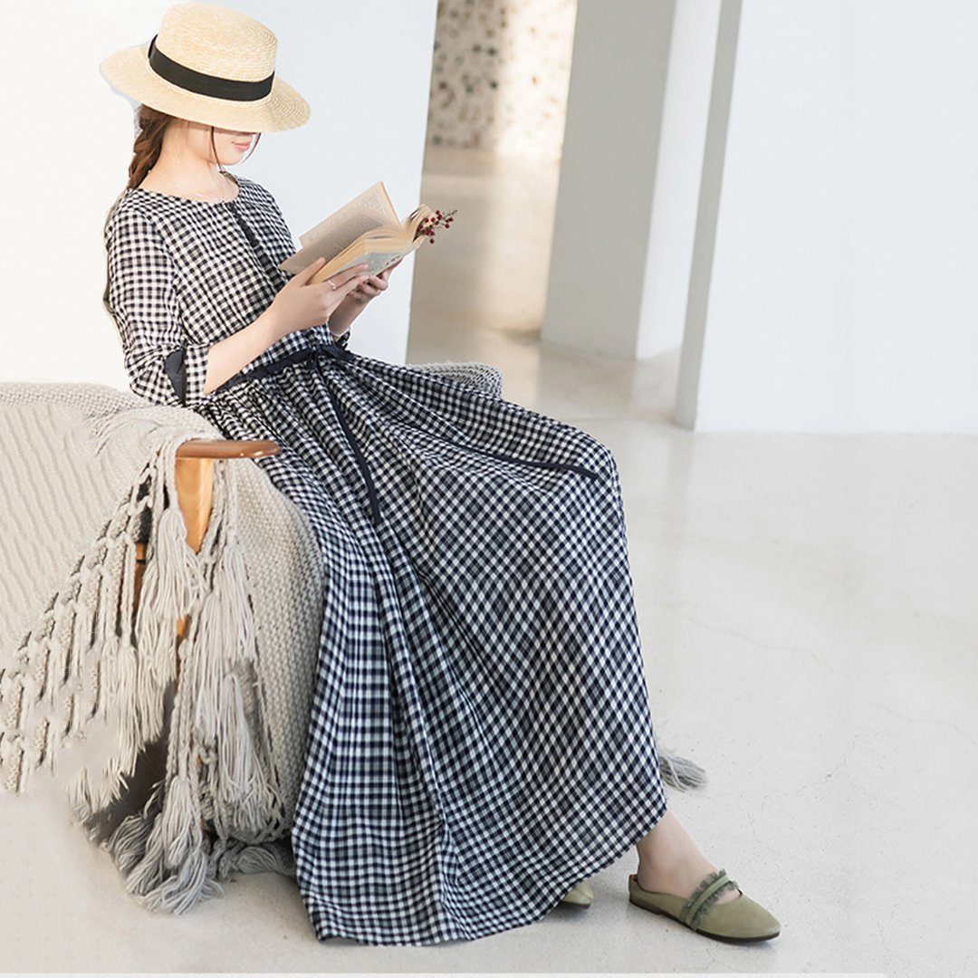 Crew Neck Plaid Drawstring Long Sleeve Dress