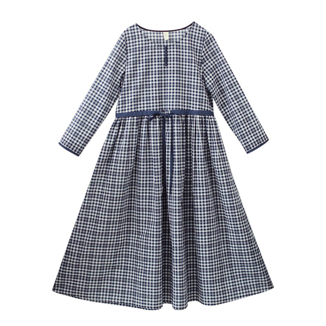 Crew Neck Plaid Drawstring Long Sleeve Dress