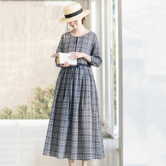 Crew Neck Plaid Drawstring Long Sleeve Dress