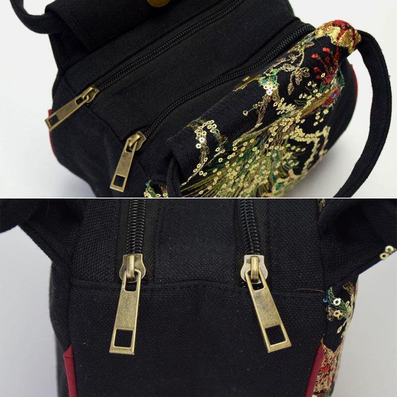 Women Canvas Ethnic Style Embroidery Peacock Pattern Casual Elegant Mini Ladies Handbag