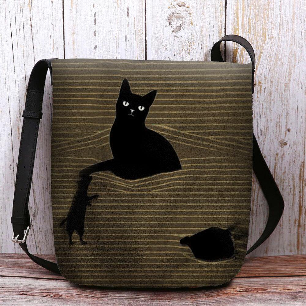 Bolso de hombro tipo bandolera con diseño de ratón y rayas de gato negro de dibujos animados informal bonito de fieltro para mujer 