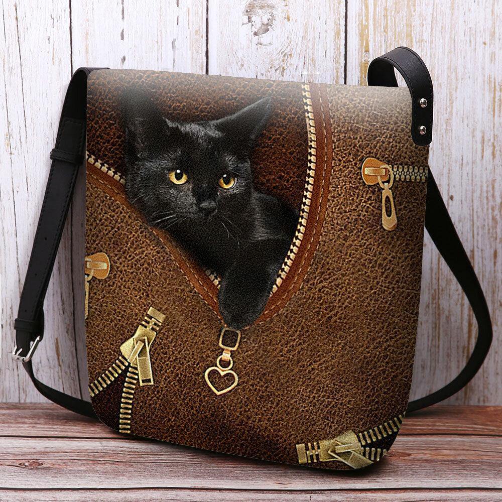 Bolso de hombro tipo bandolera con estampado de gato negro de dibujos animados en 3D bonito informal de fieltro para mujer 