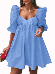 Puff Sleeve Casual Solid Pleating Summer Holiday Dress For Women