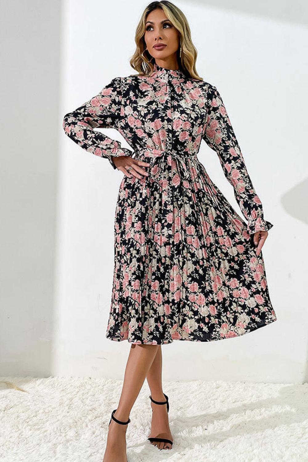 Floral Mock Neck Tie-Waist Pleated Dress