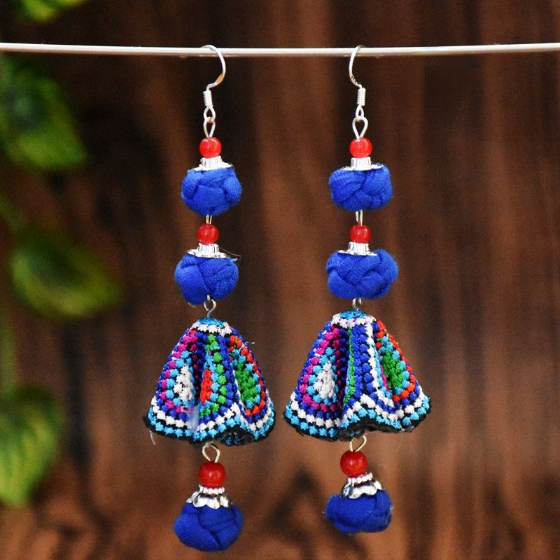 New handmade women's earrings ethnic style original Joker fabric colored ball embroidered earrings