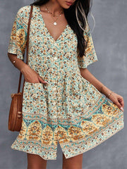 Bohemia Floral Ethnic V-neck Button Short Sleeve Print Dress