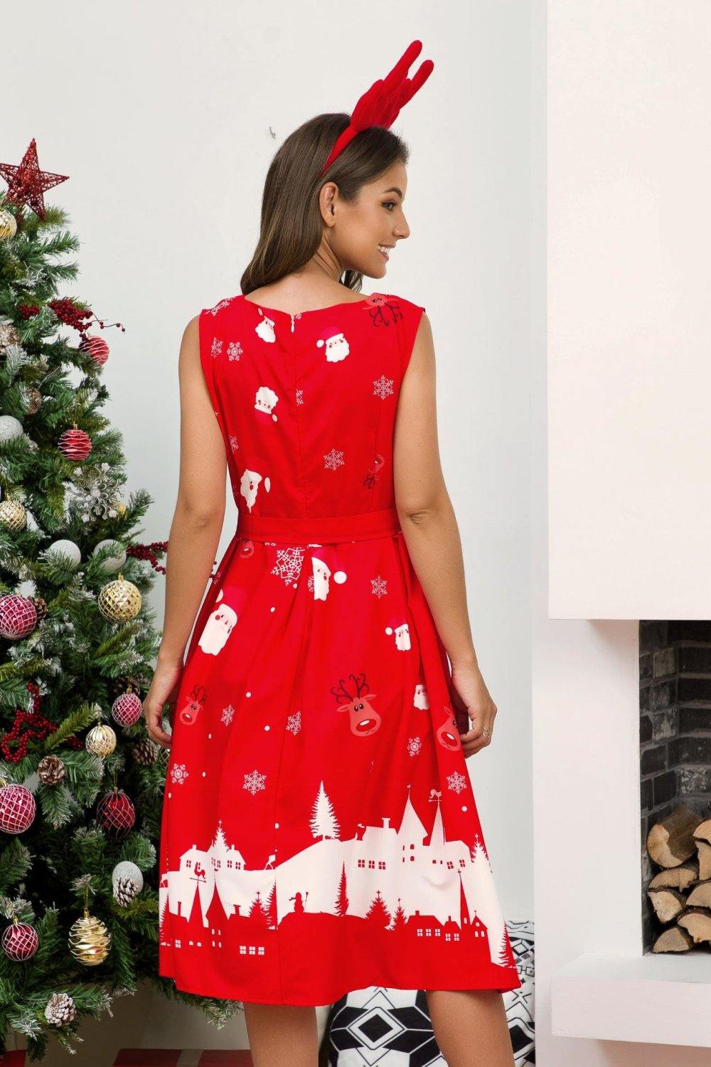 Christmas Print Tie Waist Dress