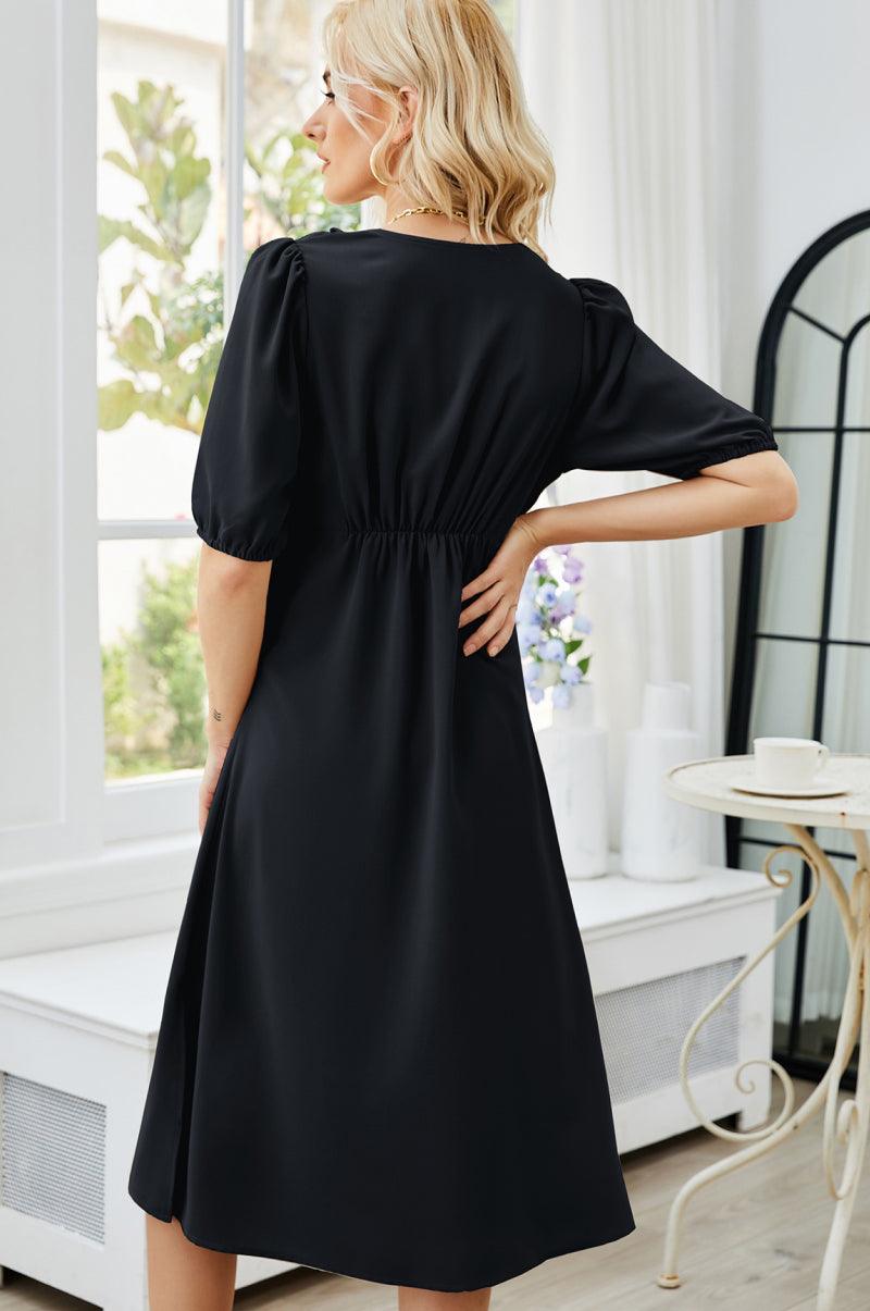 Lantern Sleeve V Neck Swing Dress