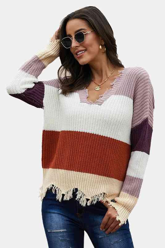 Colorblock-Pullover mit Distressed-Saum