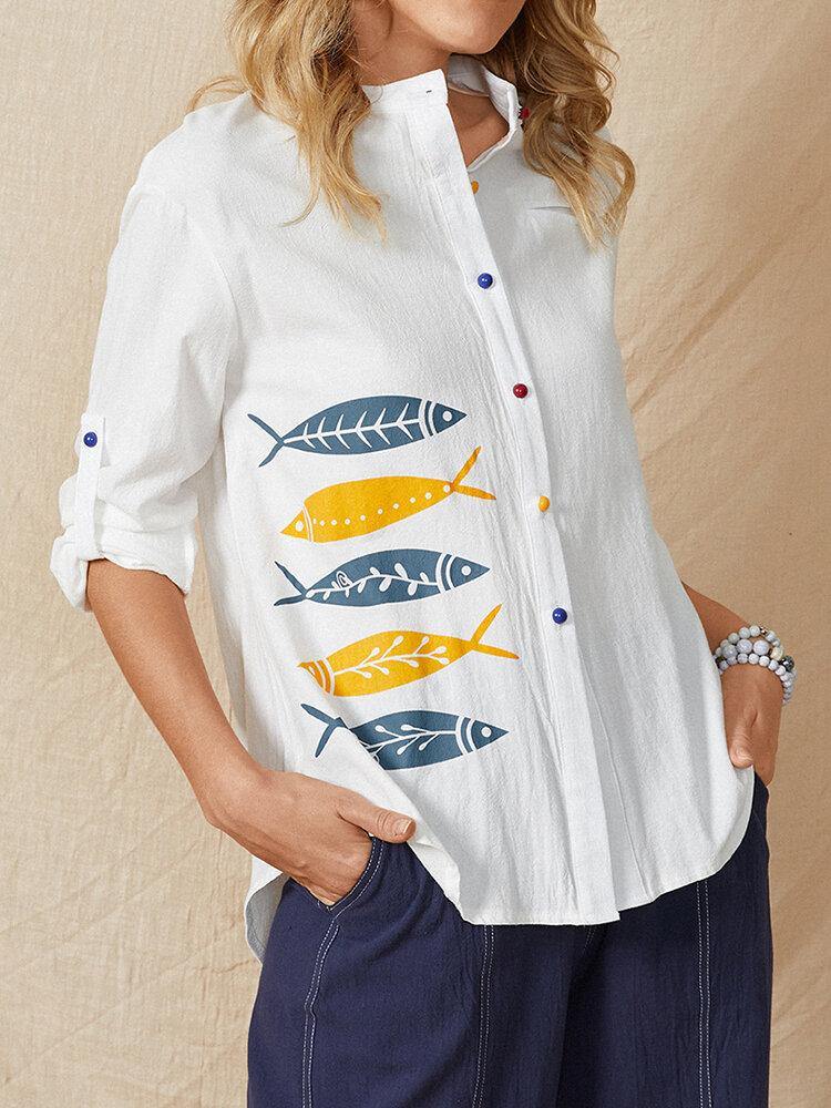 Cartoon Fish Print Button Stand Collar Long Sleeve Casual Blouse For Women