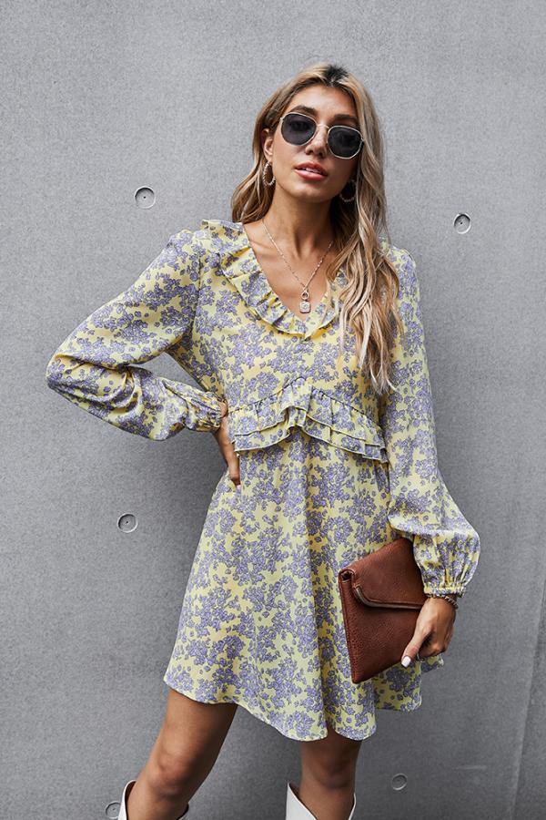 Dainty Floral Ruffled V-Neck Dress