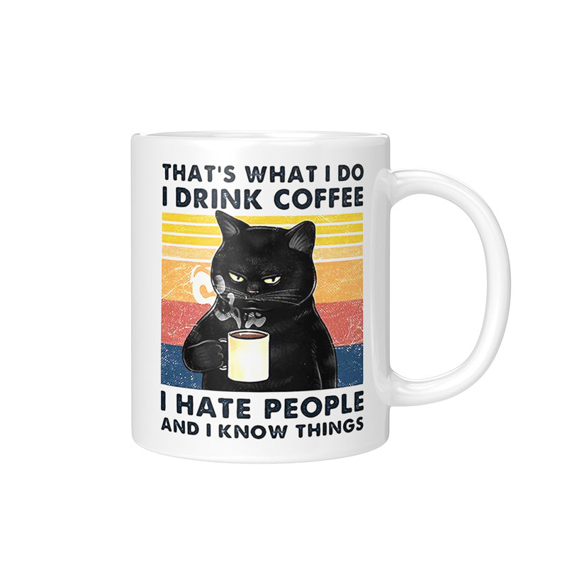 Lustige Kaffeetasse „Know Things“, Keramiktasse mit schwarzer Katze