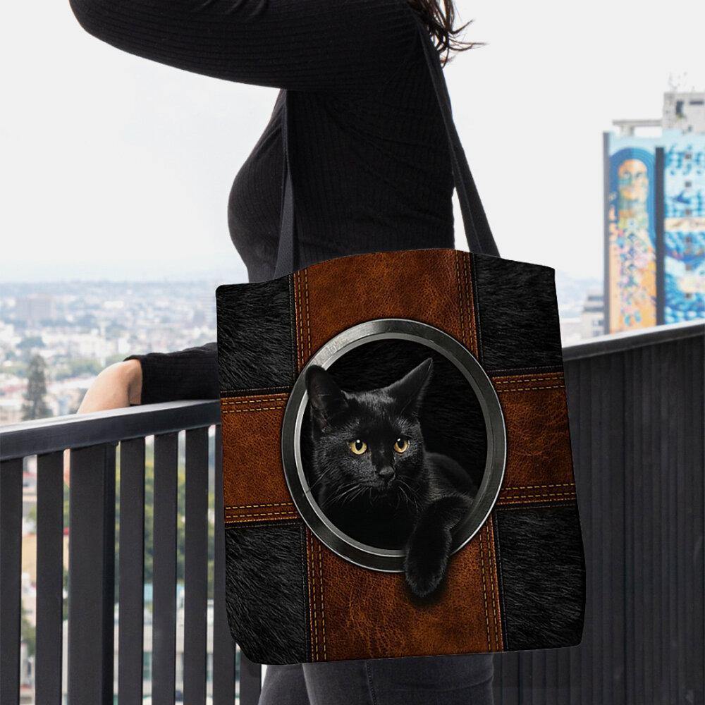 Women Canvas Cute Cartoon Black Cat Print Handbag Tote Shoulder Bag