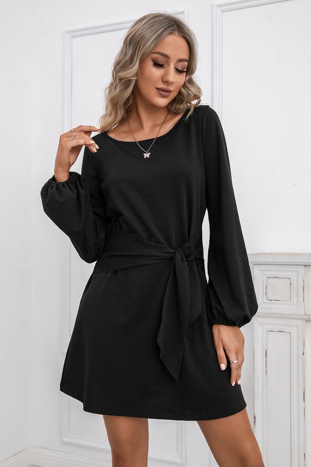 Balloon Sleeve Knot Waist Dress