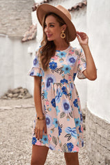 Ruffled Short Sleeve Floral Dress