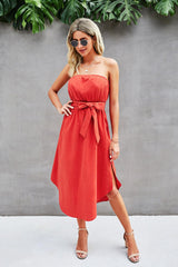 Strapless Asymmetrical Hem Belted Dress